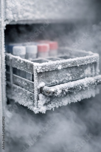 Cryogenic freezer rack with vials stored at ultra low temperatures, demonstrating scientific preservation for laboratory research, biotechnology, and medical advancements