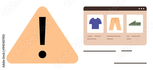 Online safety, e-commerce security, digital awareness, fraud prevention, risk alert, consumer protection. Illustration shows a warning sign next to an online shopping interface. E-commerce security