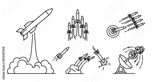 Collection of rocket launch and missile attack icons.