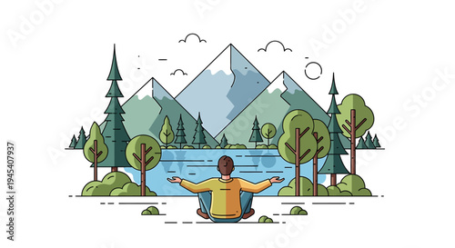 Person in nature arms outstretched facing mountains and lake. Vector Illustrations. EPS Editable