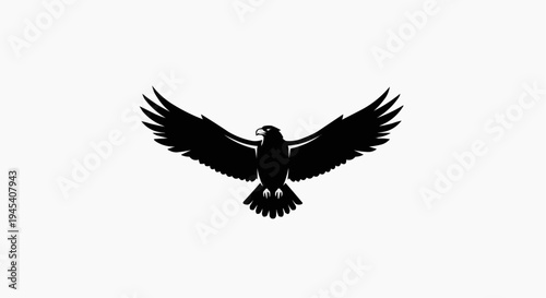 A detailed black silhouette of a majestic eagle with wings spread wide in a powerful flight pose