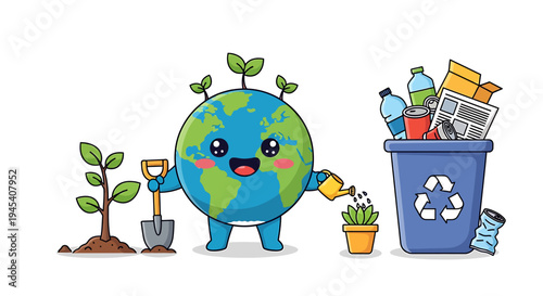 Playful Earth Planet Mascot Main Subject For Recycling Theme. Vector Illustrations. EPS Editable