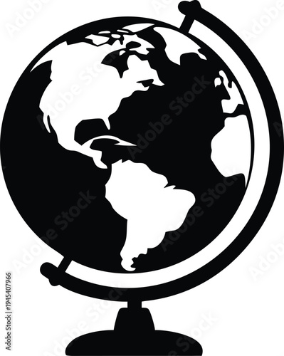 Black and White Globe Icon on Stand Showing Americas Continent Isolated