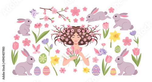 Portrait of a Woman Surrounded By Floral Crown. Vector Illustrations. EPS Editable