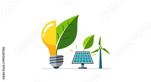 Renewable Energy Icon Set With Light Bulb Solar Panel And Wind Turbine. Vector Illustrations. EPS Editable