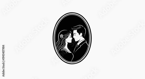 Elegant oval cameo illustration featuring a romantic couple facing each other in profile view