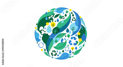 Stylized earth globe with leaves symbolizing nature and sustainability. Vector Illustrations. EPS Editable
