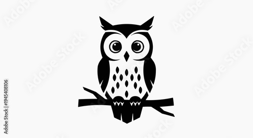 A minimalist black and white graphic illustration of a majestic owl perched on a sturdy branch