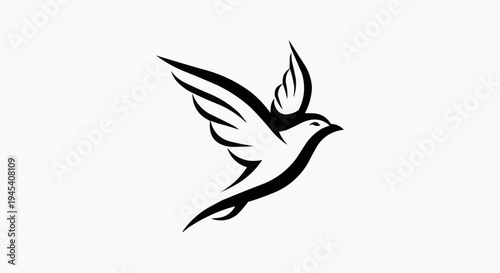 Minimalist black silhouette of a graceful bird in flight with stylized wings and sharp contours