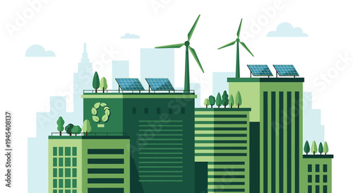 Sustainable City With Solar Panels And Wind Turbines. Vector Illustrations. EPS Editable