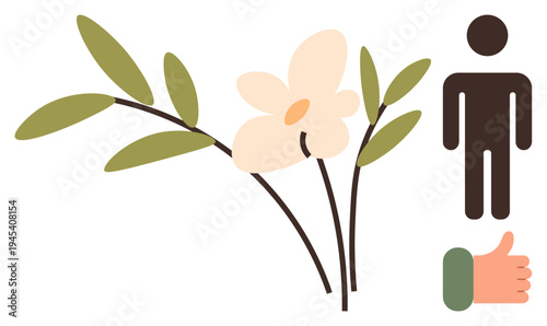 Nature, self-expression, mindfulness, communication, approval, eco-friendly concepts. A flower with green leaves, a person silhouette and a thumbs-up icon. Nature and self-expression ideas