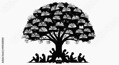 Black silhouette of a stylized tree composed of many open books with people reading underneath it