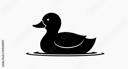 A minimalist black silhouette of a small swimming duck resting calmly on the surface of the water