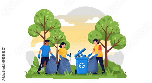 Volunteer Group Cleaning Up Litter in Park. Vector Illustrations. EPS Editable