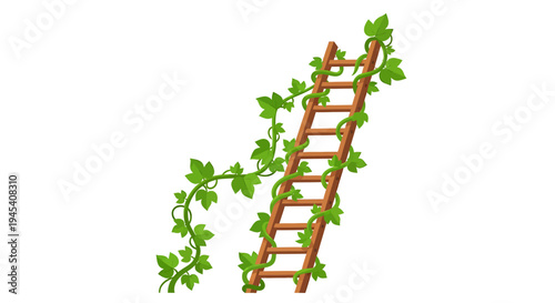 Wooden Ladder Wrapped with Ivy Climbing Upward Rustic. Vector Illustrations. EPS Editable
