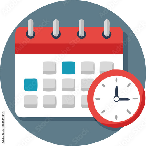 Calendar with Clock Icon Planning and Time Management Concept Flat Design