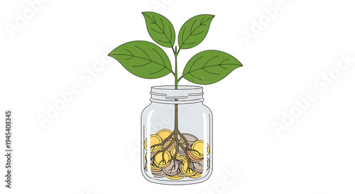 Young plant sprouting from jar with coins. Vector Illustrations. EPS Editable