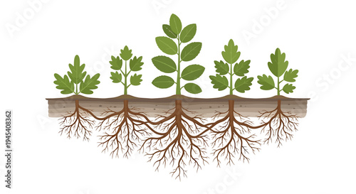 Young Saplings With Visible Roots Illustration. Vector Illustrations. EPS Editable