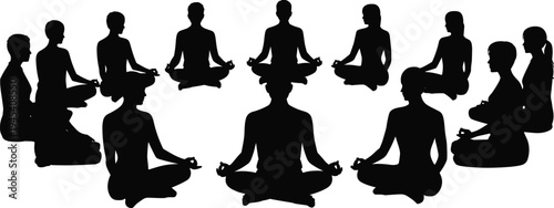 Group meditation yoga silhouettes circle, people practicing mindfulness and spiritual wellness exercise together calm lifestyle flat vector illustration