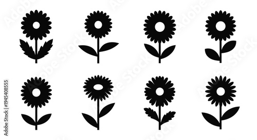 A series of eight simple black silhouettes of daisy like flowers