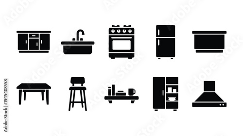 Kitchen furniture and appliances silhouettes for interior design planning and layout
