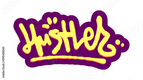 Hustler Word Graffiti Tag Illustration in Purple and Yellow Hand Style for Edgy Urban Streetwear and Lifestyle.