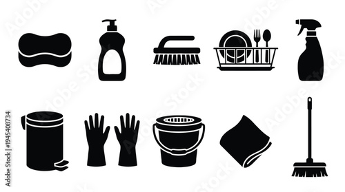 Cleaning supplies and household hygiene tools silhouettes for sanitary maintenance work