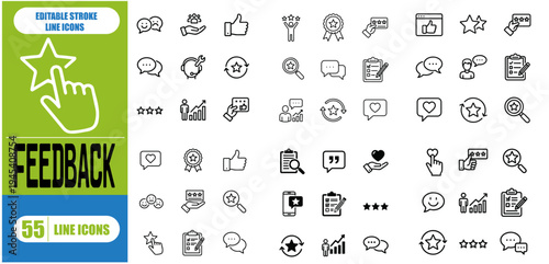 Feedback and Review Icon Set - Minimalist Line Art Symbols for Customer Satisfaction, User Experience, and Digital Ratings
