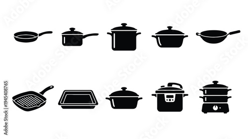 Cooking pots and pans silhouettes for stovetop food preparation and culinary arts