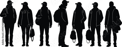 Silhouette of people standing in line, crowd group outline, urban commuters, casual wear, black and white vector illustration