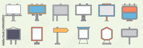 Flat outdoor signage icon collection – Suitable for urban marketing, layout design, or mockups.