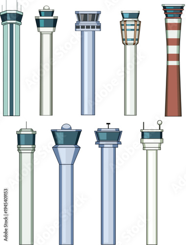 Collection of modern air traffic control tower illustrations showing varied airport tower designs, architecture and navigation infrastructure for aviation, travel and transport