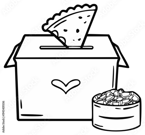 Hand drawn illustration of a donation box with a slice of pizza being dropped in and a pile of coins nearby