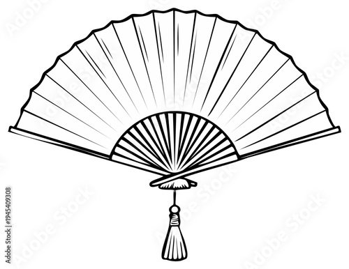 Hand fan line art illustration in traditional Asian style with tassel