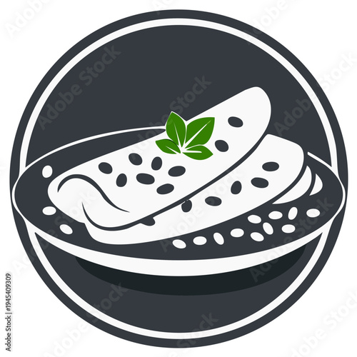 Traditional indian dosa with herbal garnish on a plate inside a circle icon