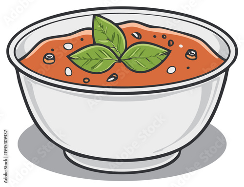 Fresh Tomato Soup with Basil Garnish in a White Bowl