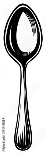 Black and white illustration of a single spoon with a clean, elegant design and shading detail.