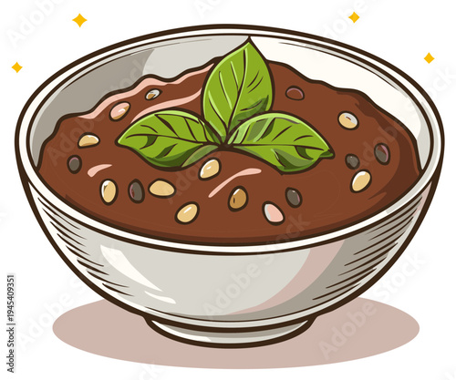 Cartoon illustration of chocolate dessert in a bowl with basil and nuts food for web or print design, creative concept