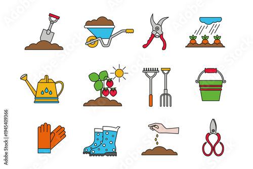 Gardening Icon Set. Tools Plants Bright Colors