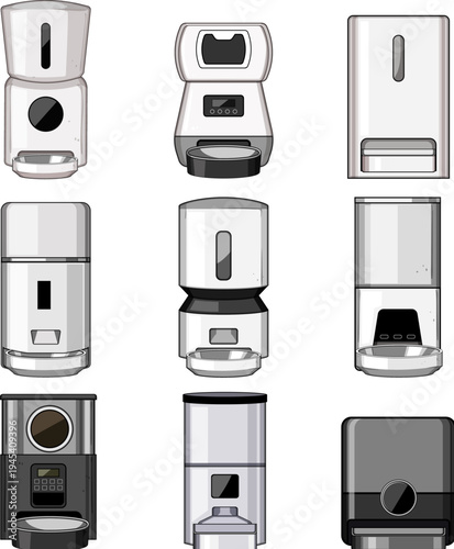 Collection of various automatic pet feeders representing modern smart devices for pet care, delivering convenience and scheduled feeding solutions for cats and dogs