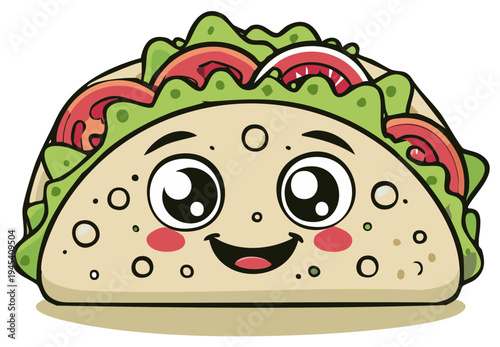 Cartoon taco with happy expression and colorful ingredients, close up.