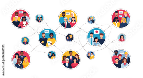 Diverse group of people depicted as circular avatars in a connected network. Vector Illustrations. EPS Editable