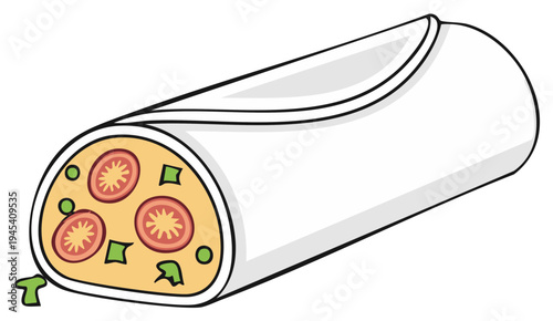Flat illustration of a large burrito with visible ingredients like tomatoes, corn, and greens