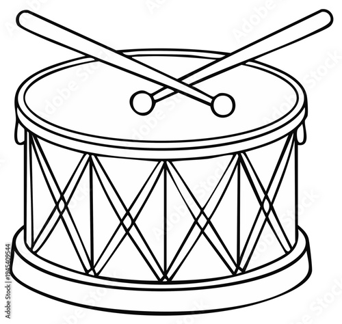 Monochrome Drum with Drumsticks Musical Instrument Outline Illustration