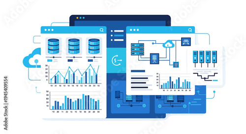 Dynamic data analytics dashboard screens and charts. Vector Illustrations. EPS Editable