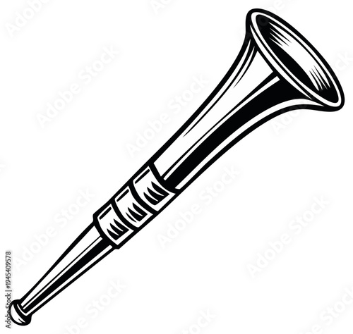 Vintage monochrome illustration of a horn. Concert, music instrument concept in line art. Decorative musical bugle horn