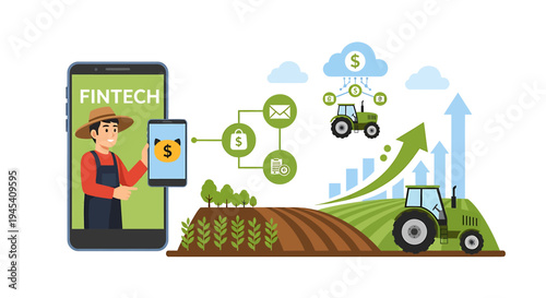 Farmer Using Smartphone In Modern Farming Illustration. Vector Illustrations. EPS Editable