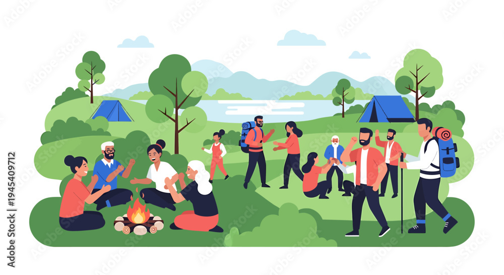 Naklejka premium Group Of People Having Outdoor Picnic In Park. Vector Illustrations. EPS Editable