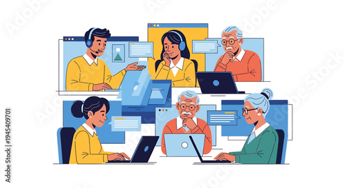 Group of people collaborating on laptops in a team setting. Vector Illustrations. EPS Editable