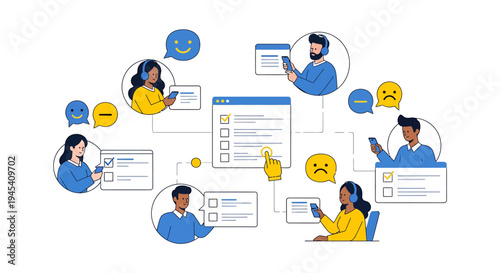 Group Of People Engaged In Online Chat And Collaboration. Vector Illustrations. EPS Editable